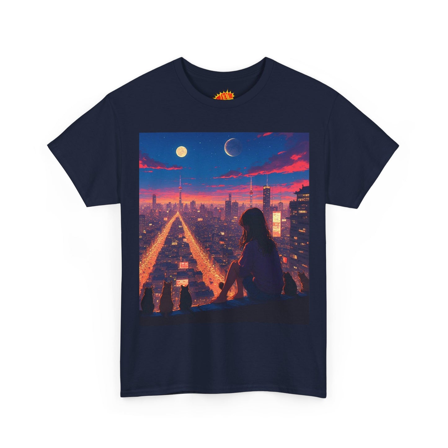 Anime City Twin Moon Scene w/Cats T-Shirt *Multiple Colors*