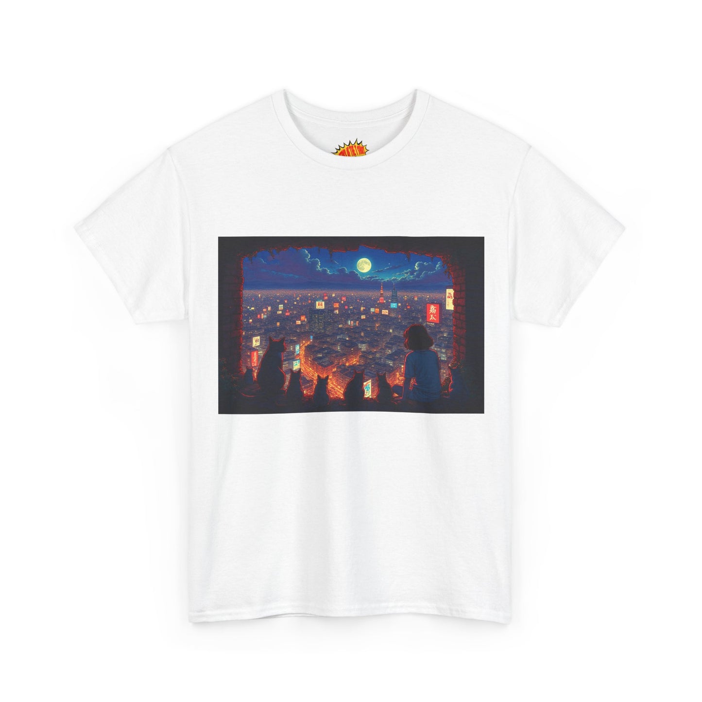 Cityscape Anime Nighttime Scene w/Girl & Cats T-Shirt *Multiple Colors*
