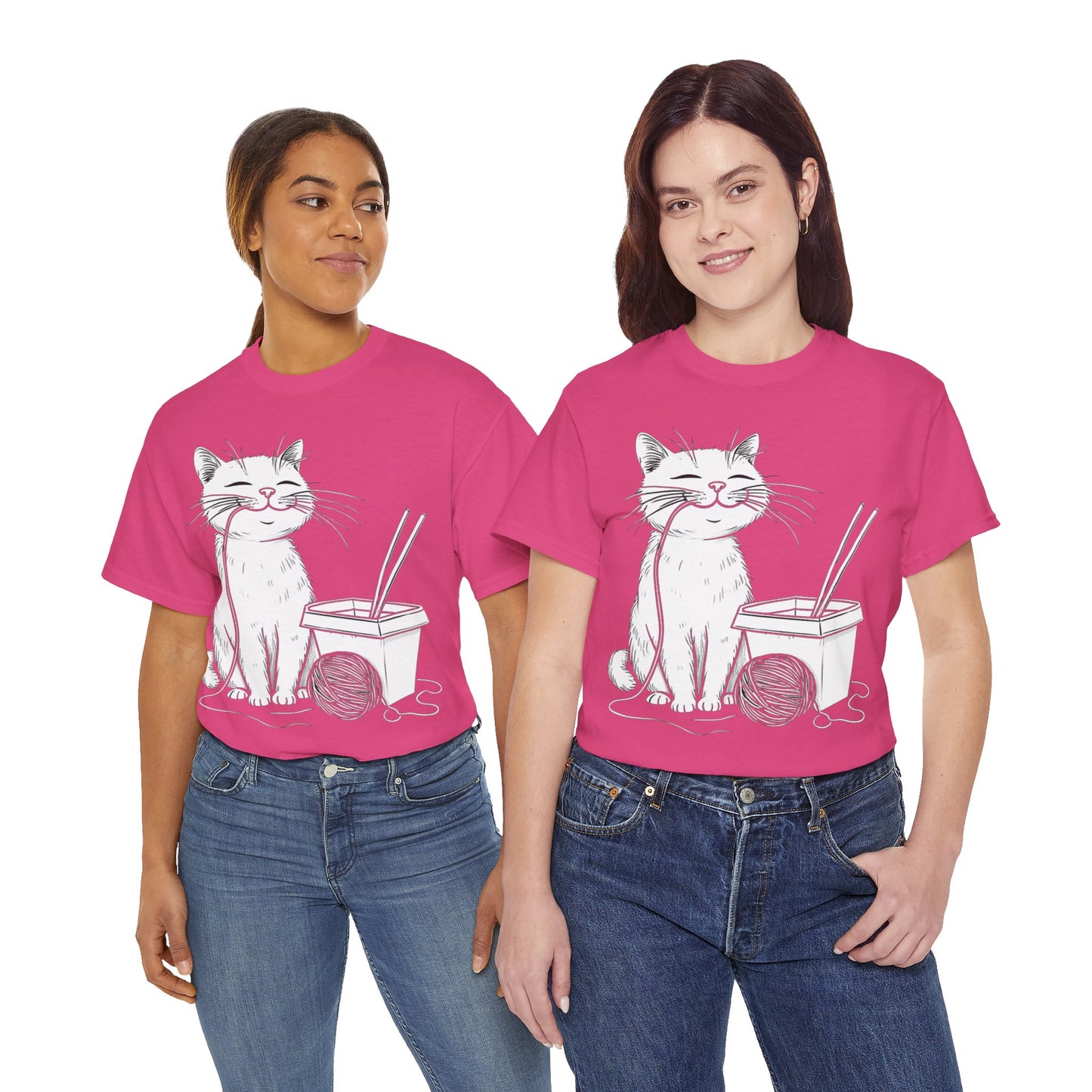 Happy Cat w/Noodles + Yarn Ball Art Drawing Tee Shirt *Multiple Colors*