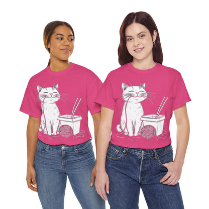 Happy Cat w/Noodles + Yarn Ball Art Drawing Tee Shirt