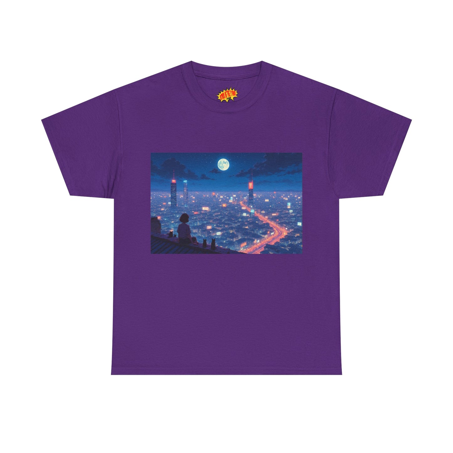 Anime Neon City Full Moon Scene w/Girl & Cats T-Shirt *Multiple Colors*