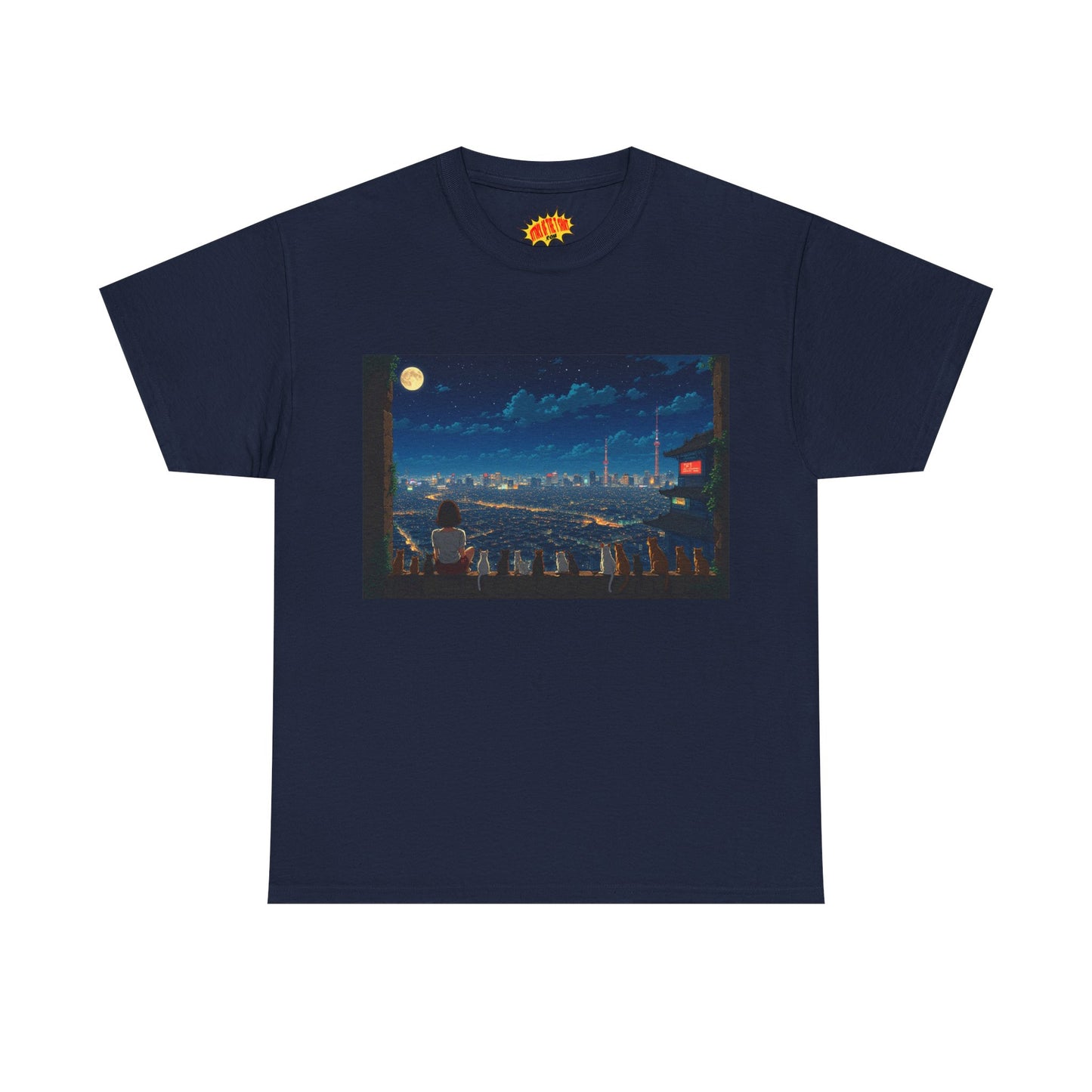 Anime City Night Sky Scene w/Girl & Cats T-Shirt *Multiple Colors*