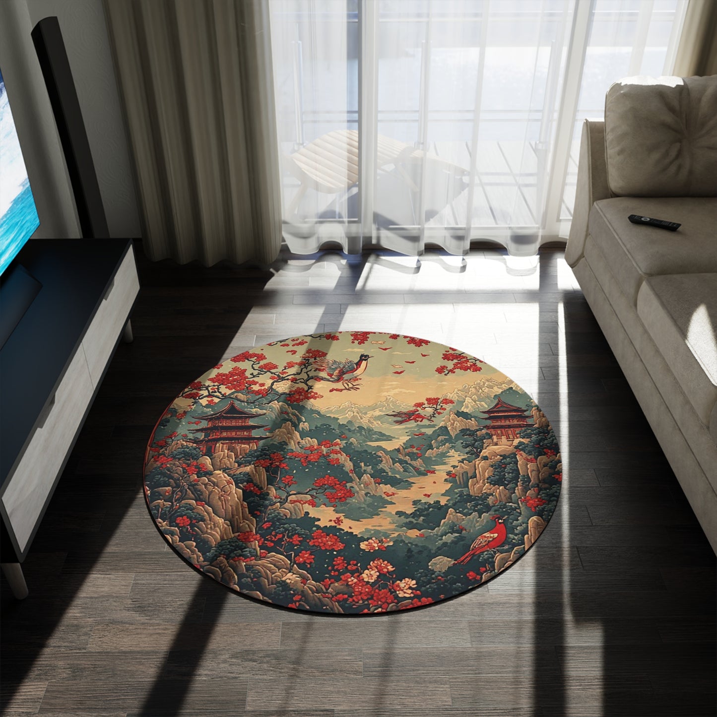 Oriental Style Rug w/Birds + Flowers - 60in Diameter Round Carpet 11