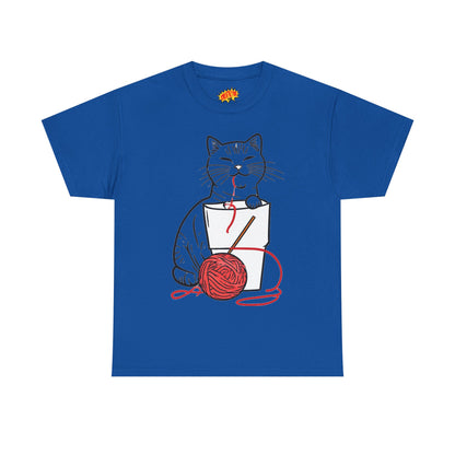 Cat w/Noodle Cup + Yarn Ball Art Drawing Tee Shirt