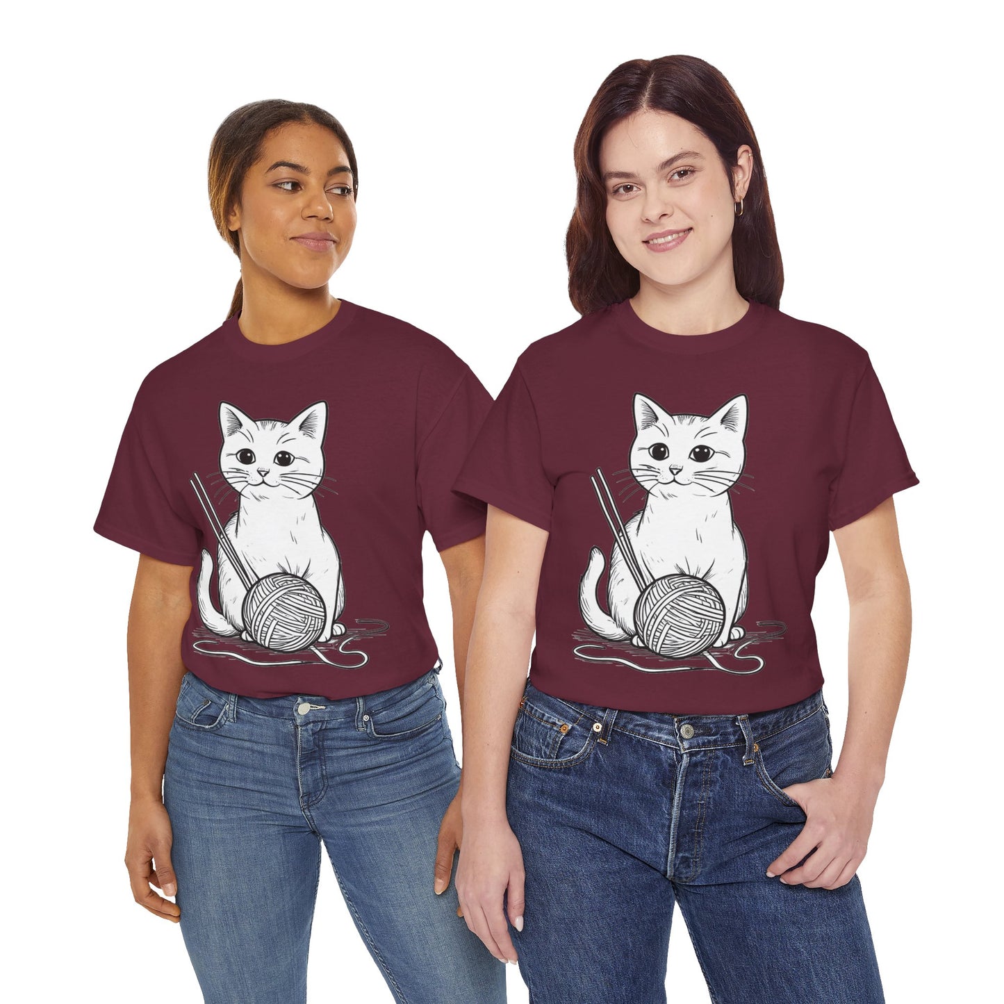 White Cat w/Yarn Ball Art Tee Shirt *Multiple Colors*
