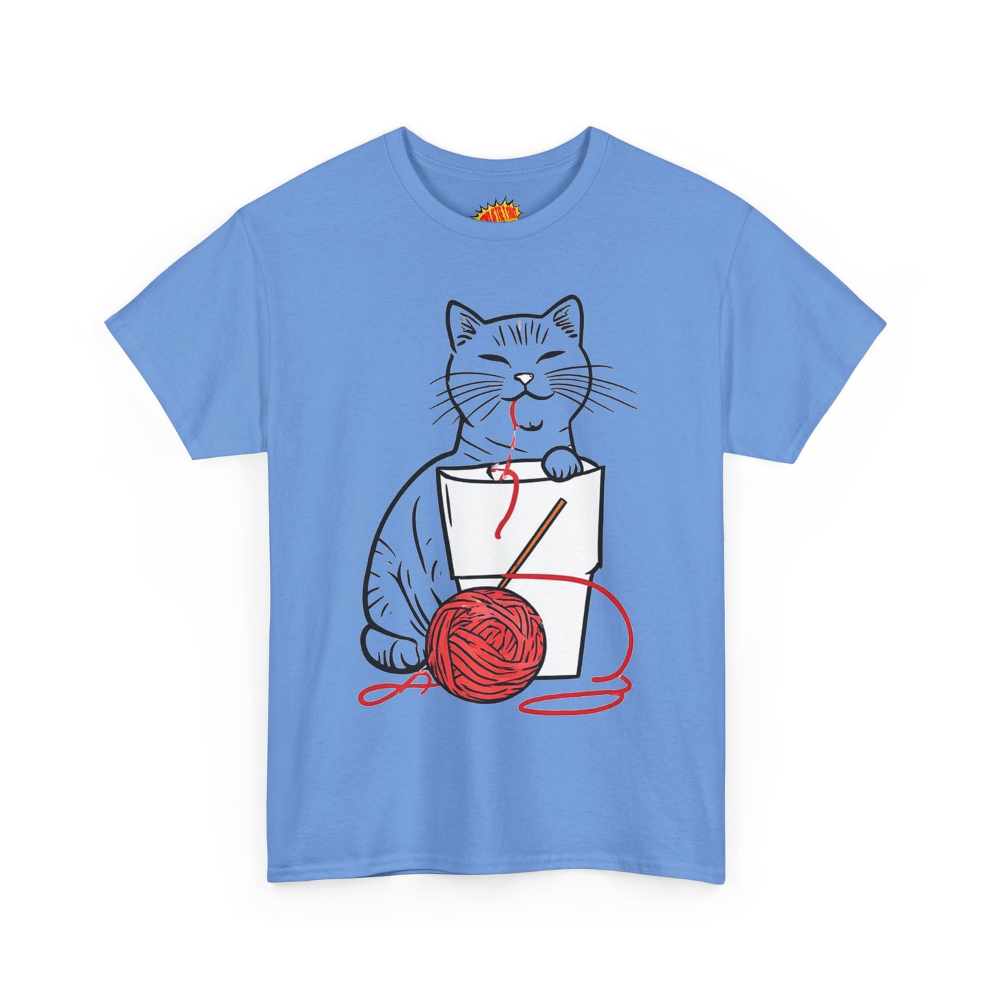 Cat w/Noodle Cup + Yarn Ball Art Drawing Tee Shirt *Multiple Colors*