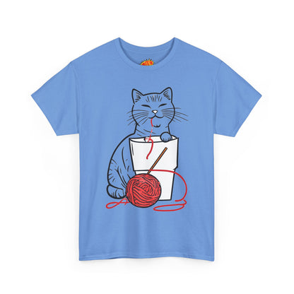 Cat w/Noodle Cup + Yarn Ball Art Drawing Tee Shirt