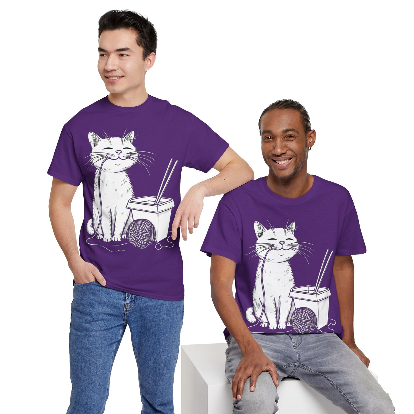 Happy Cat w/Noodles + Yarn Ball Art Drawing Tee Shirt *Multiple Colors*