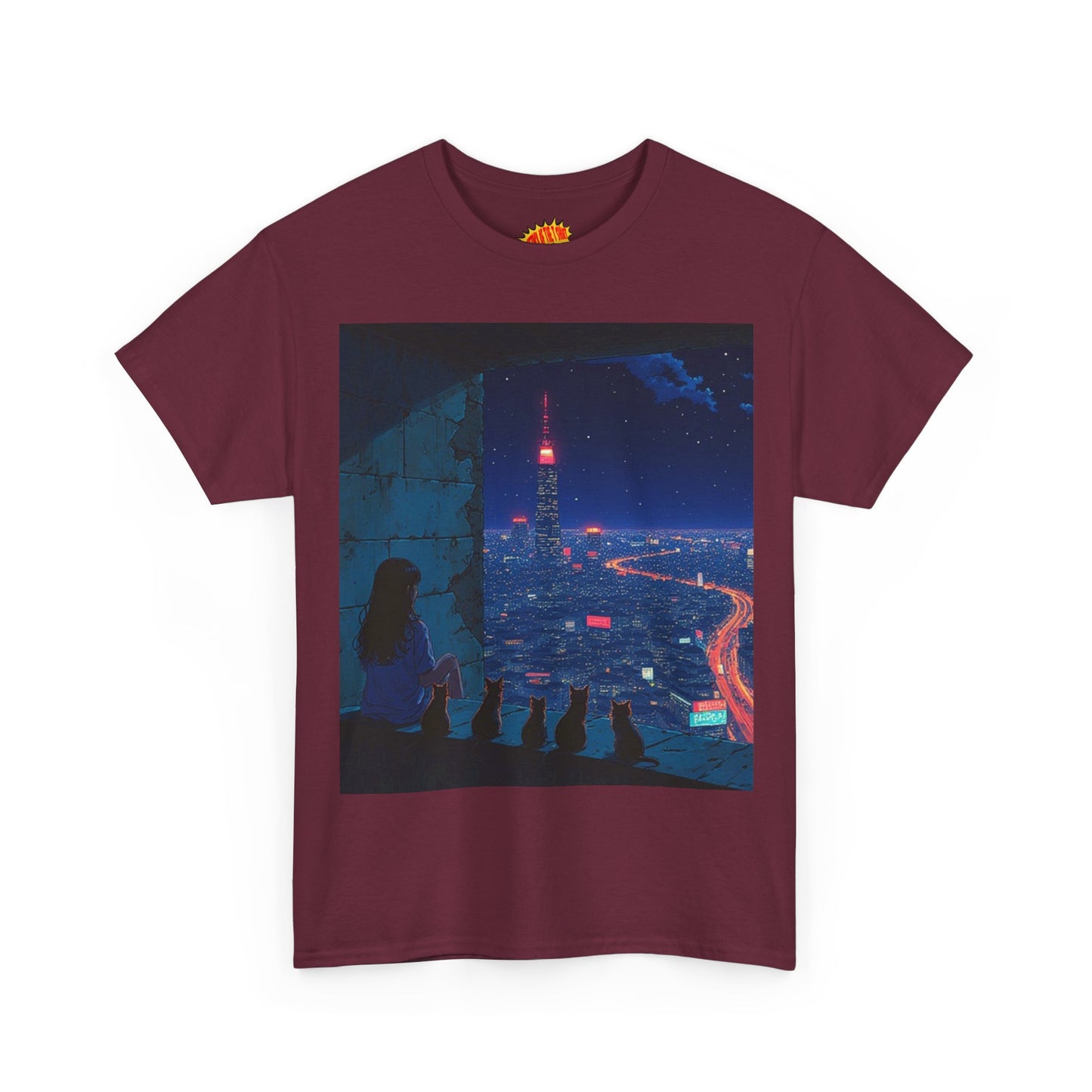 Anime Cityscape Night Scene w/Girl & Cats T-Shirt *Multiple Colors*