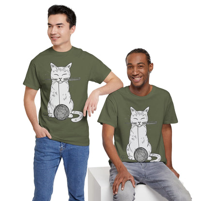 White Cat w/Yarn Ball Art Drawing Tee Shirt