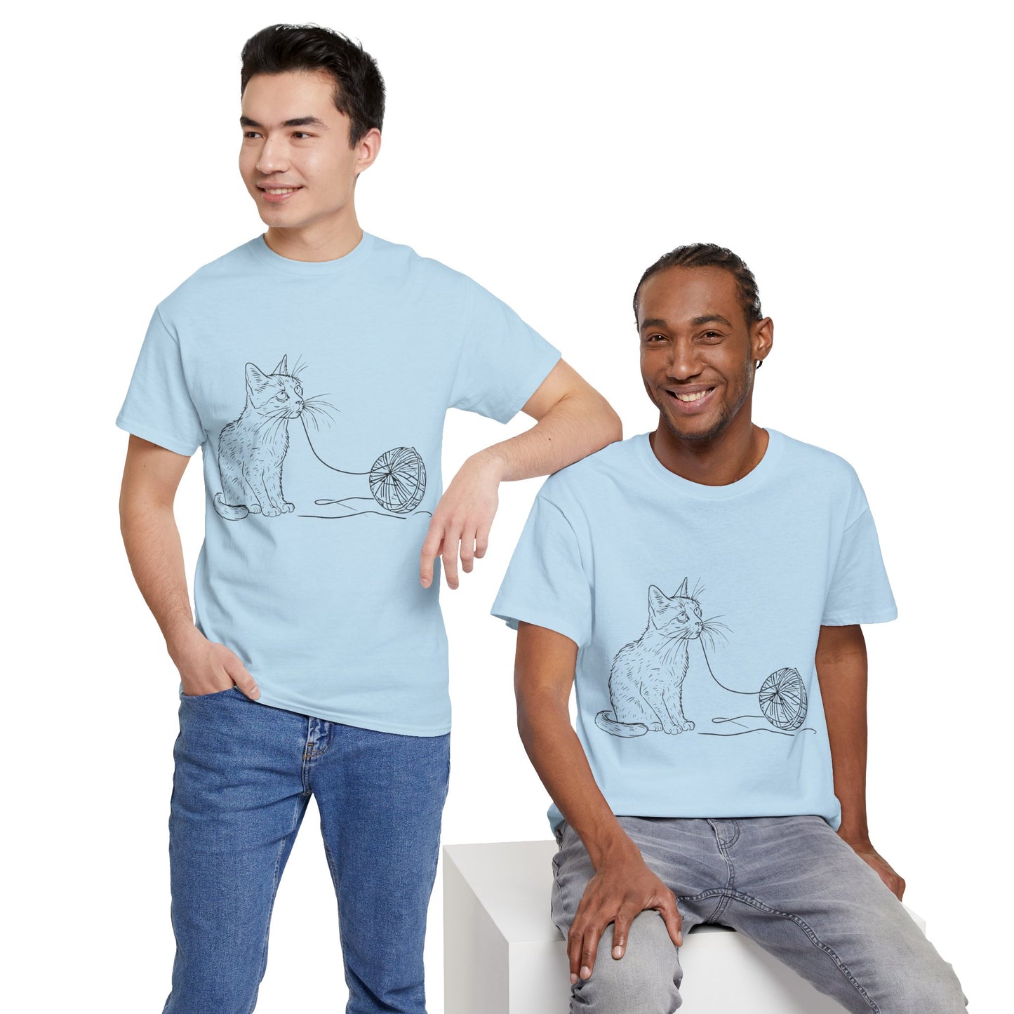 Cat w/Yarn Line Drawing Art Tee Shirt *Multiple Colors*