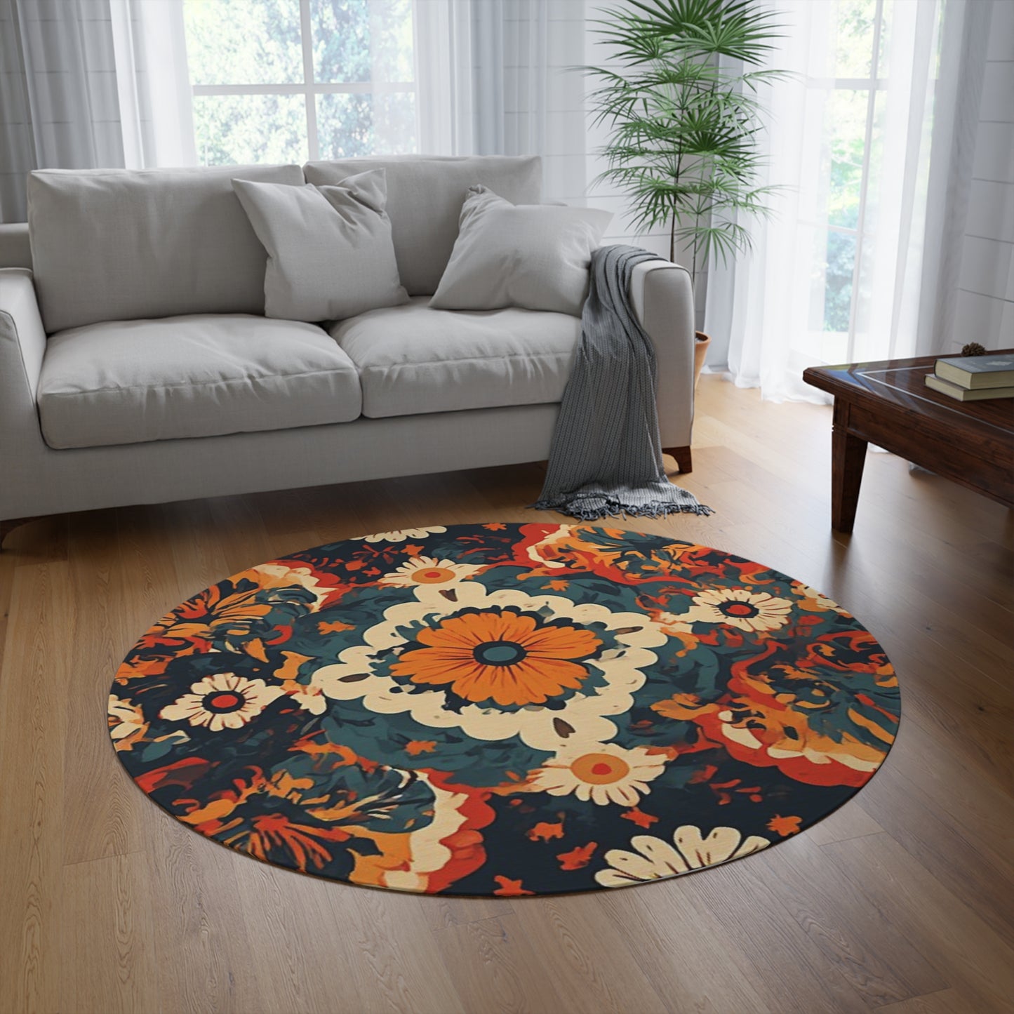 Retro Flower Pattern 60's/70's Style Area Rug - 60in Diameter Round Rug 2