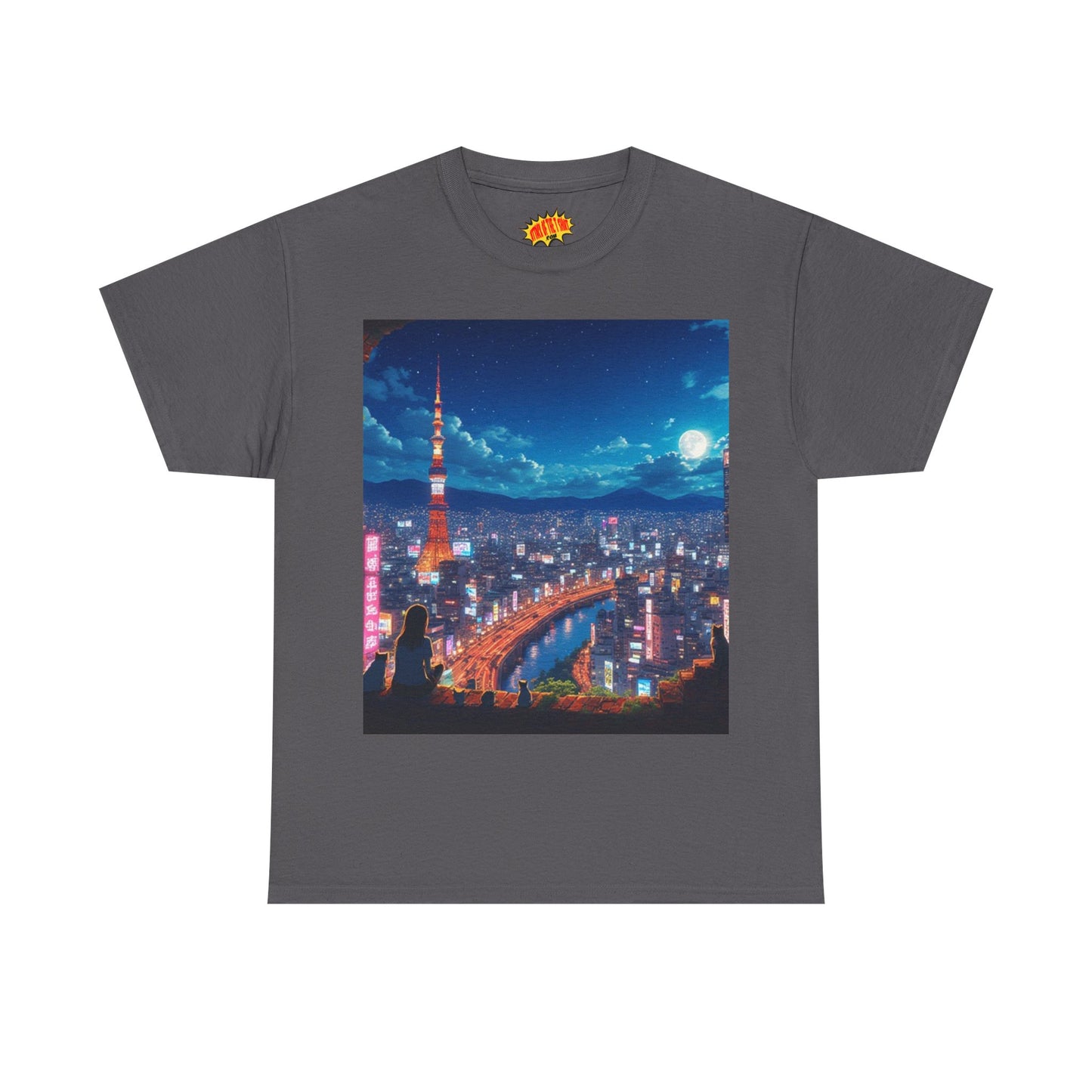 Neon Cityscape Nighttime Anime Scene w/Girl & Cats T-Shirt *Multiple Colors*