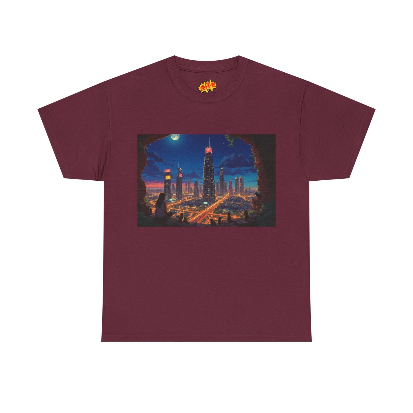 Anime Cityscape Night Scene w/Girl & Cats T-Shirt *Multiple Colors*