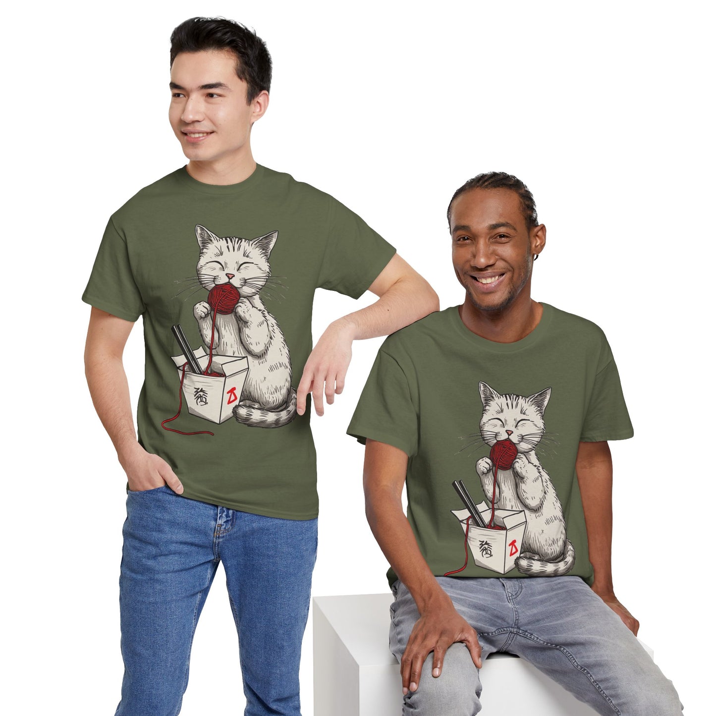 Cat w/Takeout Yarn Noodles Art Tee Shirt *Multiple Colors*