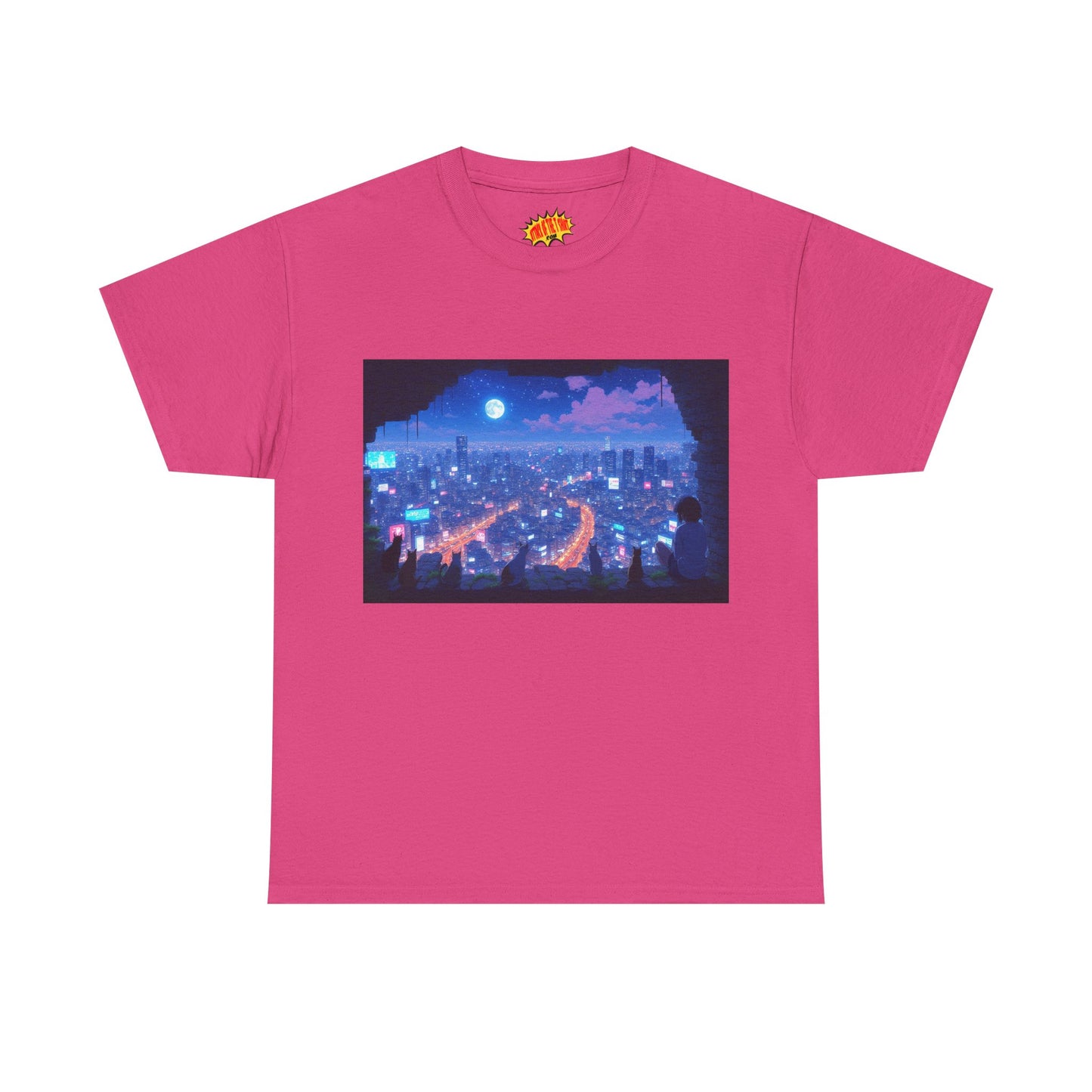 Anime Neon Cityscape Night Scene w/Girl & Cats T-Shirt *Multiple Colors*