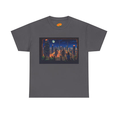 Neon Anime Cityscape Full Moon w/Girl & Cats T-Shirt