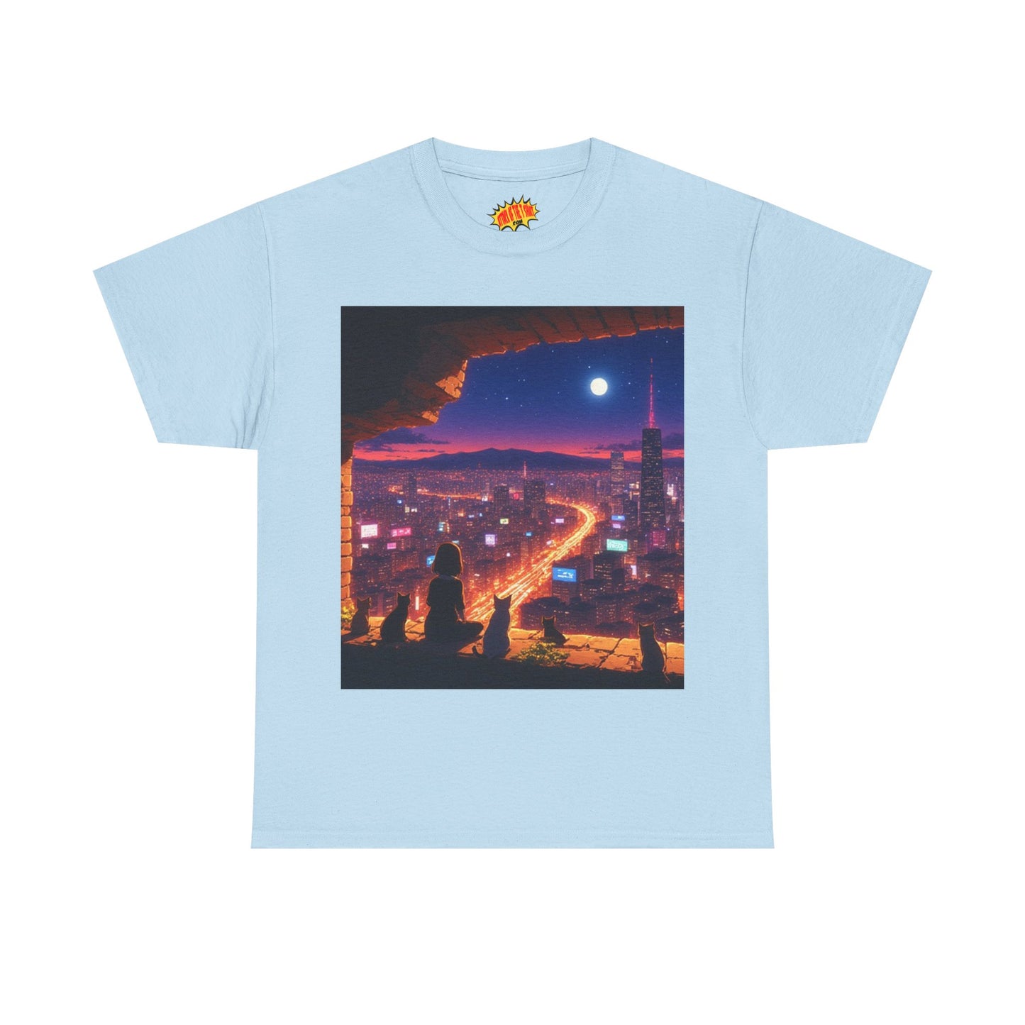 Anime Neon Cityscape Full Moon Scene w/Girl & Cats T-Shirt *Multiple Colors*