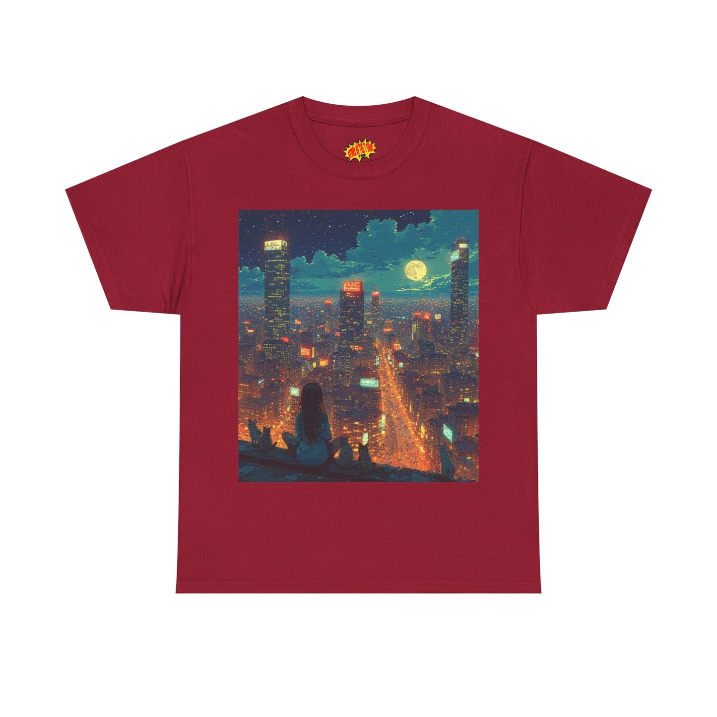 Nighttime Neon Anime Cityscape w/Girl & Cats T-Shirt *Multiple Colors*
