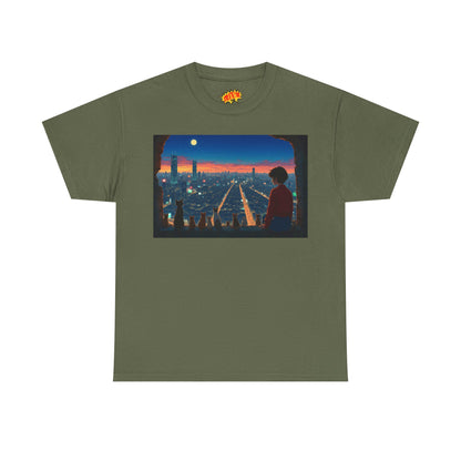 Neon Cityscape Anime Scene w/Girl & Cats T-Shirt