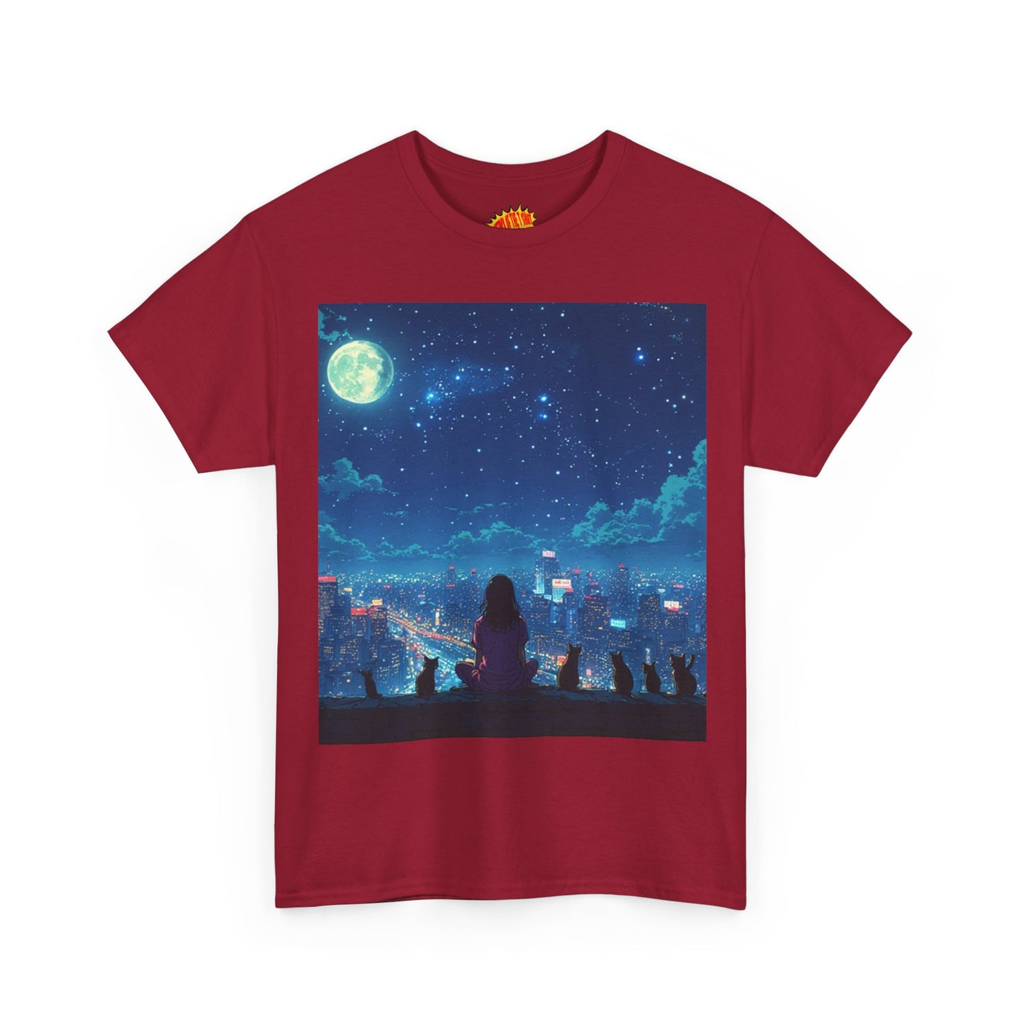 Anime Full Moon City Scene w/Girl & Cats T-Shirt *Multiple Colors*