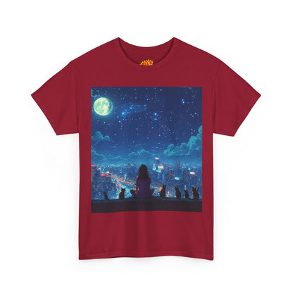 Anime Full Moon City Scene w/Girl & Cats T-Shirt