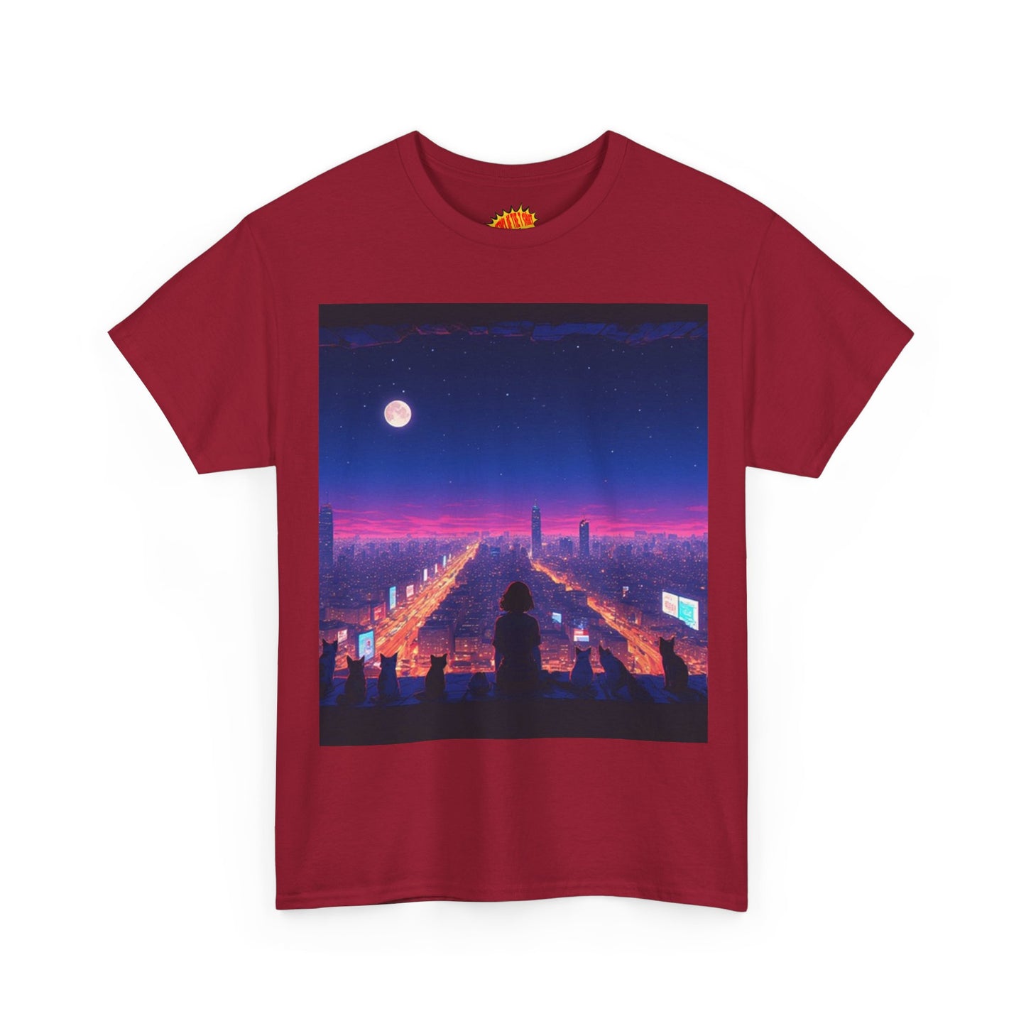 Anime City Full Moon Scene w/Girl & Cats T-Shirt *Multiple Colors*
