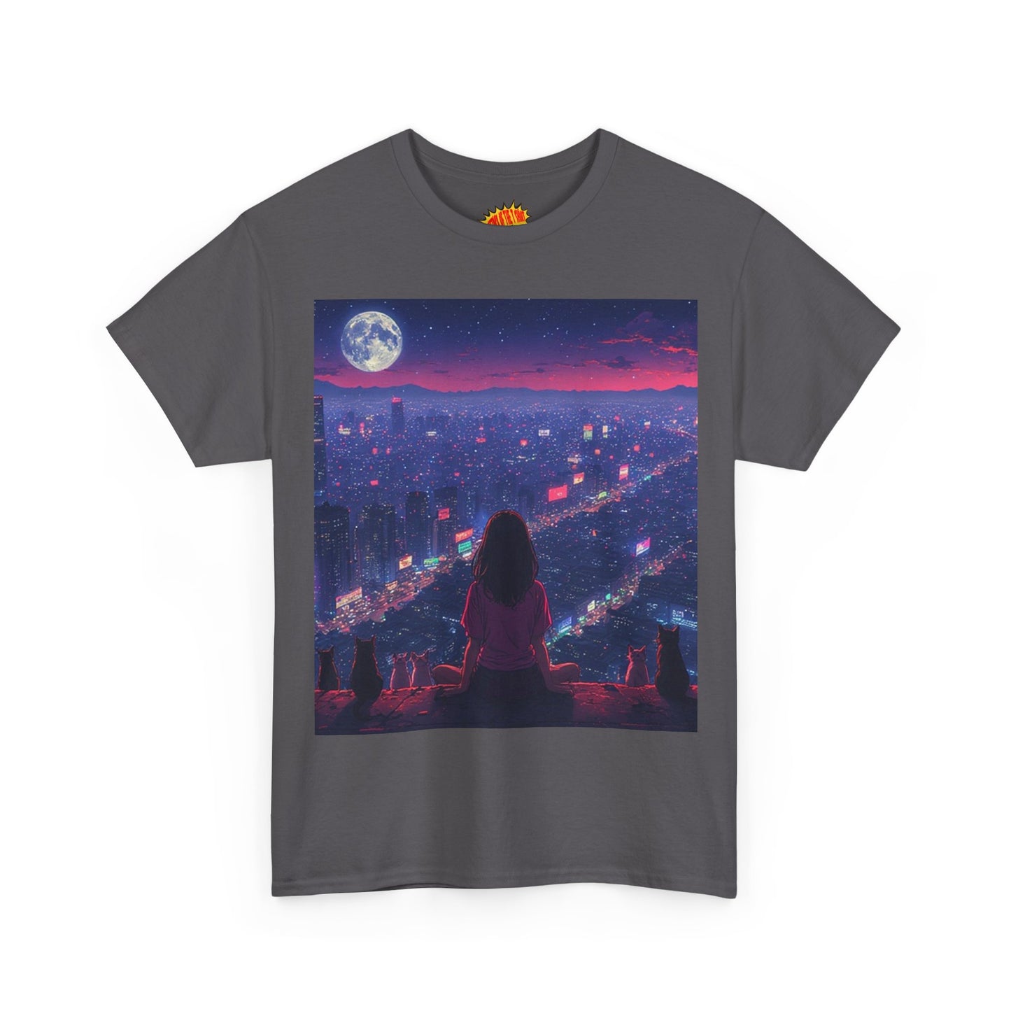 Anime City Neon Night Scene w/Girl & Cats T-Shirt *Multiple Colors*