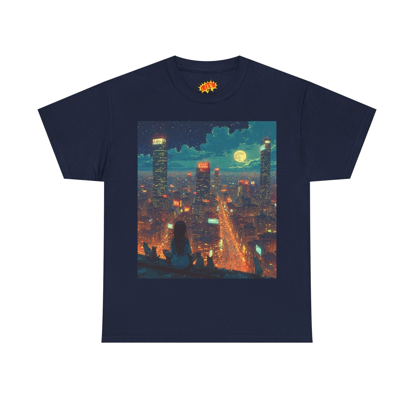 Nighttime Neon Anime Cityscape w/Girl & Cats T-Shirt *Multiple Colors*