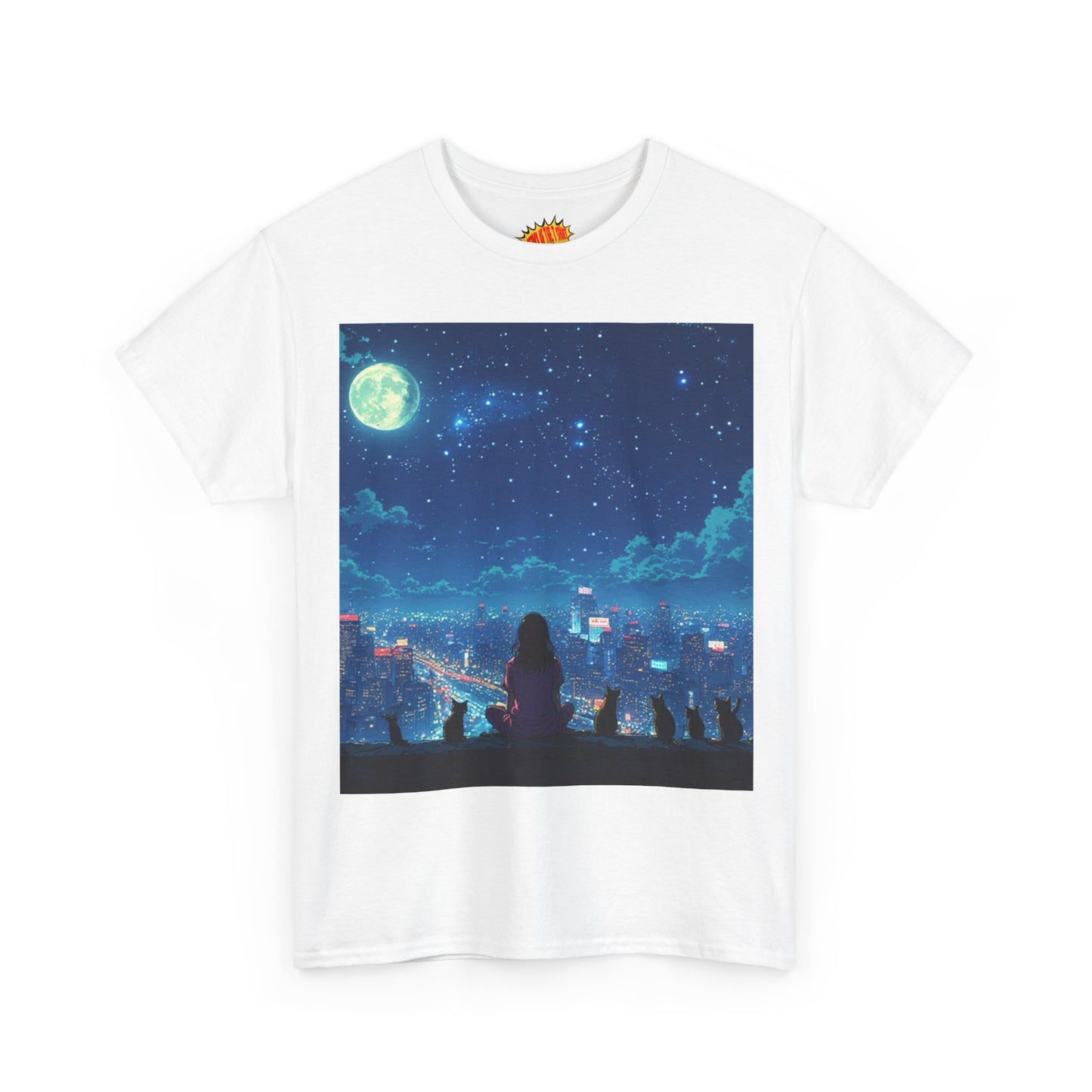 Anime Full Moon City Scene w/Girl & Cats T-Shirt *Multiple Colors*