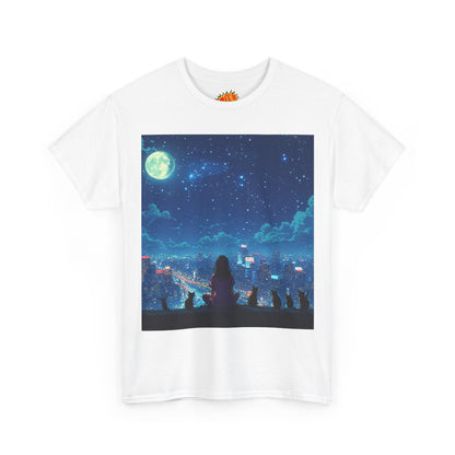 Anime Full Moon City Scene w/Girl & Cats T-Shirt