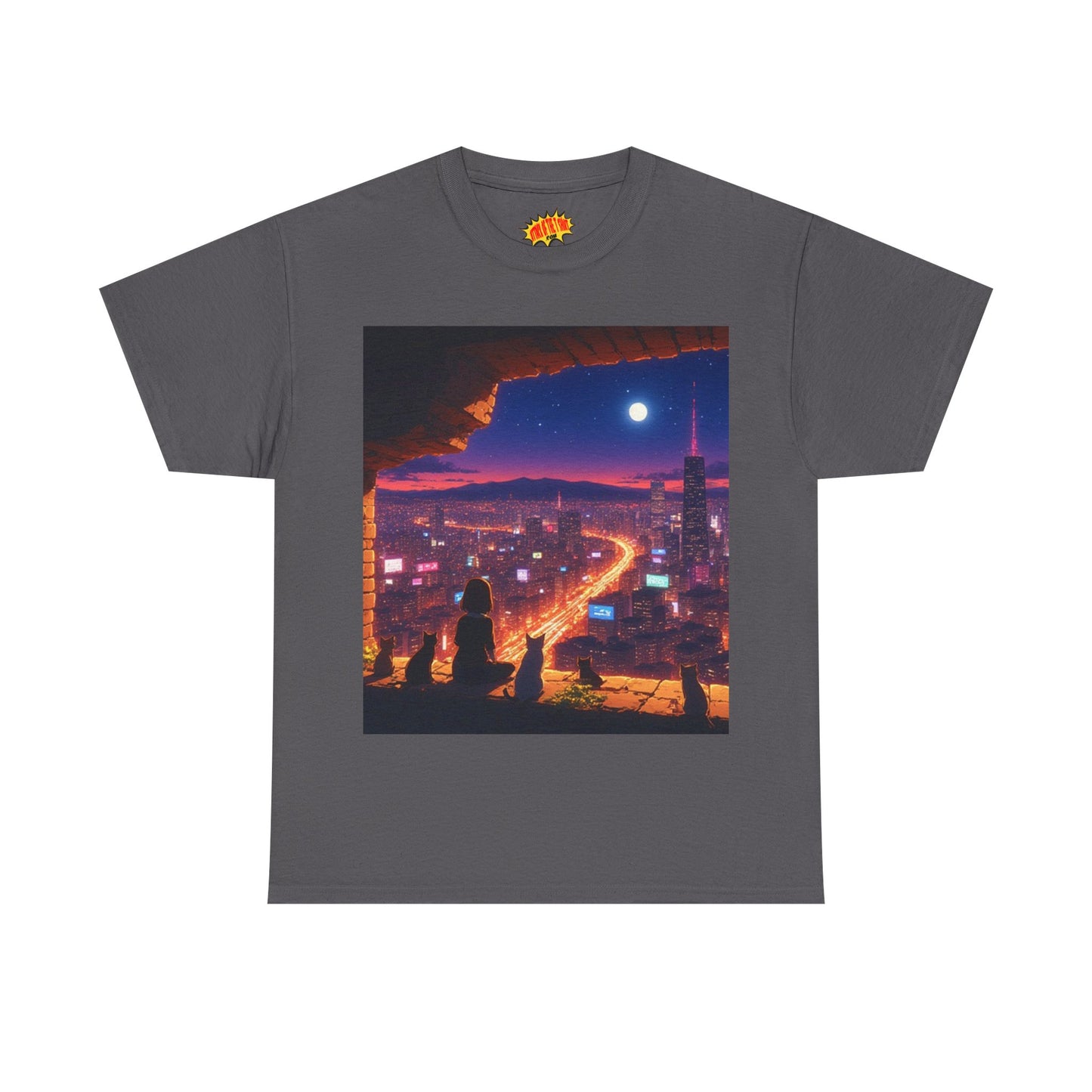 Anime Neon Cityscape Full Moon Scene w/Girl & Cats T-Shirt *Multiple Colors*