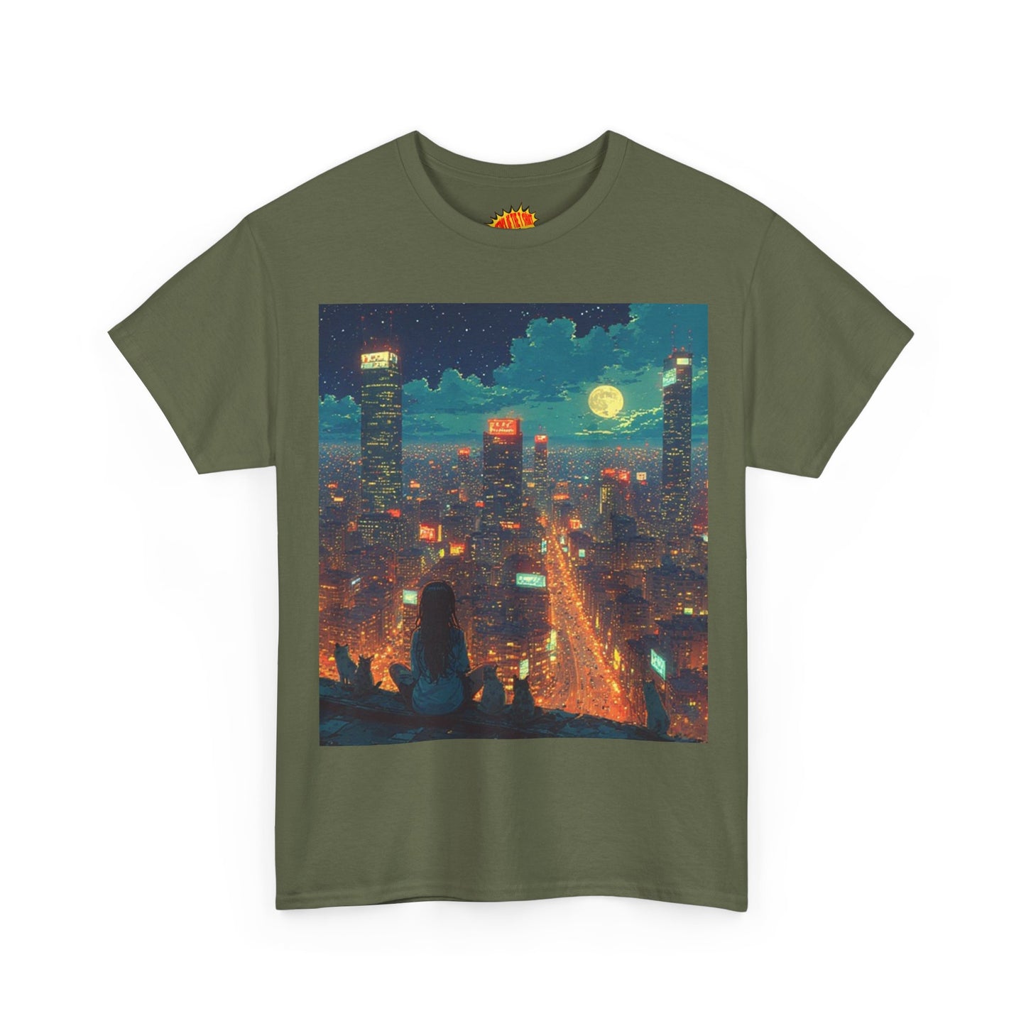 Nighttime Neon Anime Cityscape w/Girl & Cats T-Shirt *Multiple Colors*