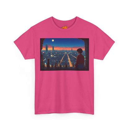 Neon Cityscape Anime Scene w/Girl & Cats T-Shirt