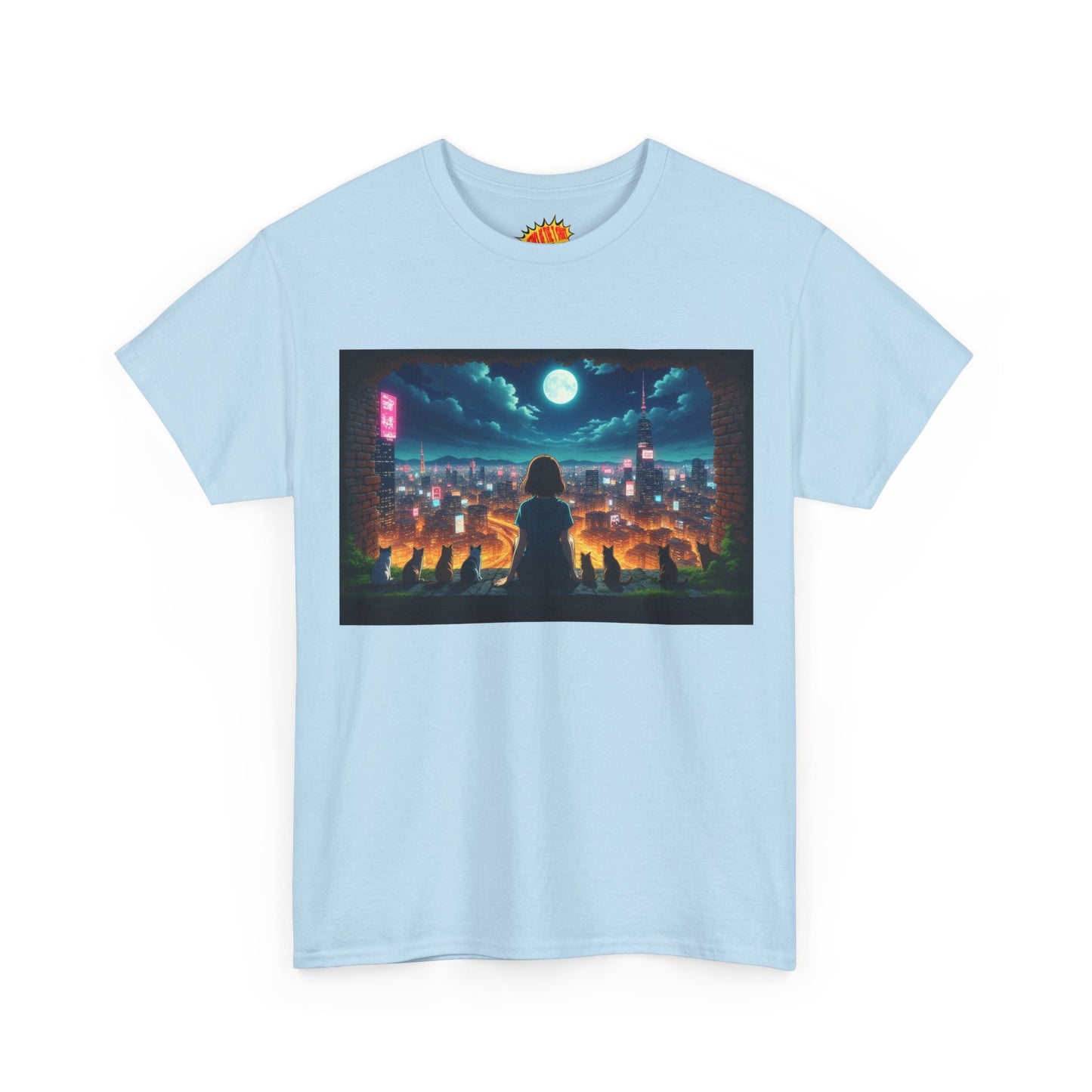 Anime Neon City Night Scene w/Girl & Cats T-Shirt *Multiple Colors*