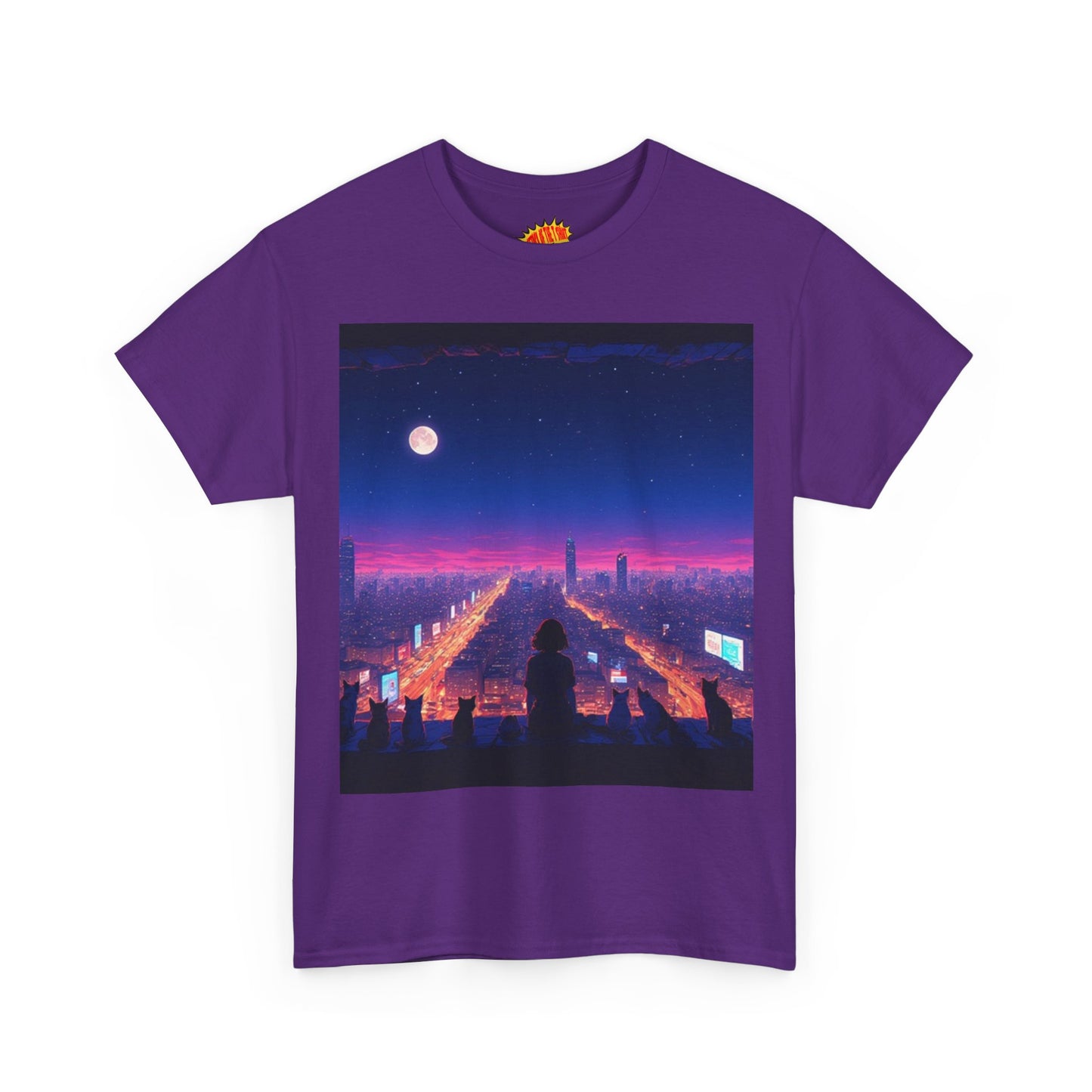 Anime City Full Moon Scene w/Girl & Cats T-Shirt *Multiple Colors*