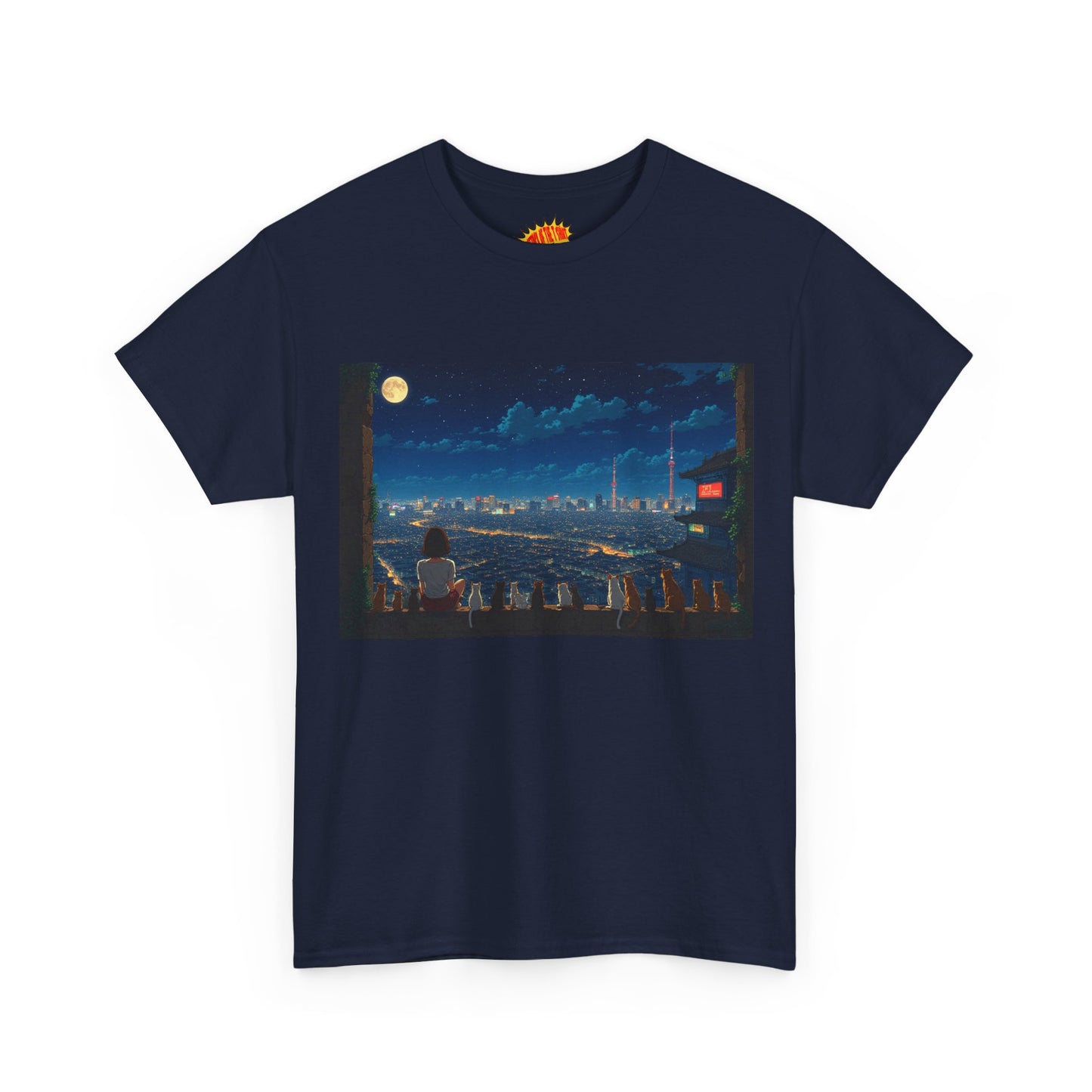 Anime City Night Sky Scene w/Girl & Cats T-Shirt *Multiple Colors*