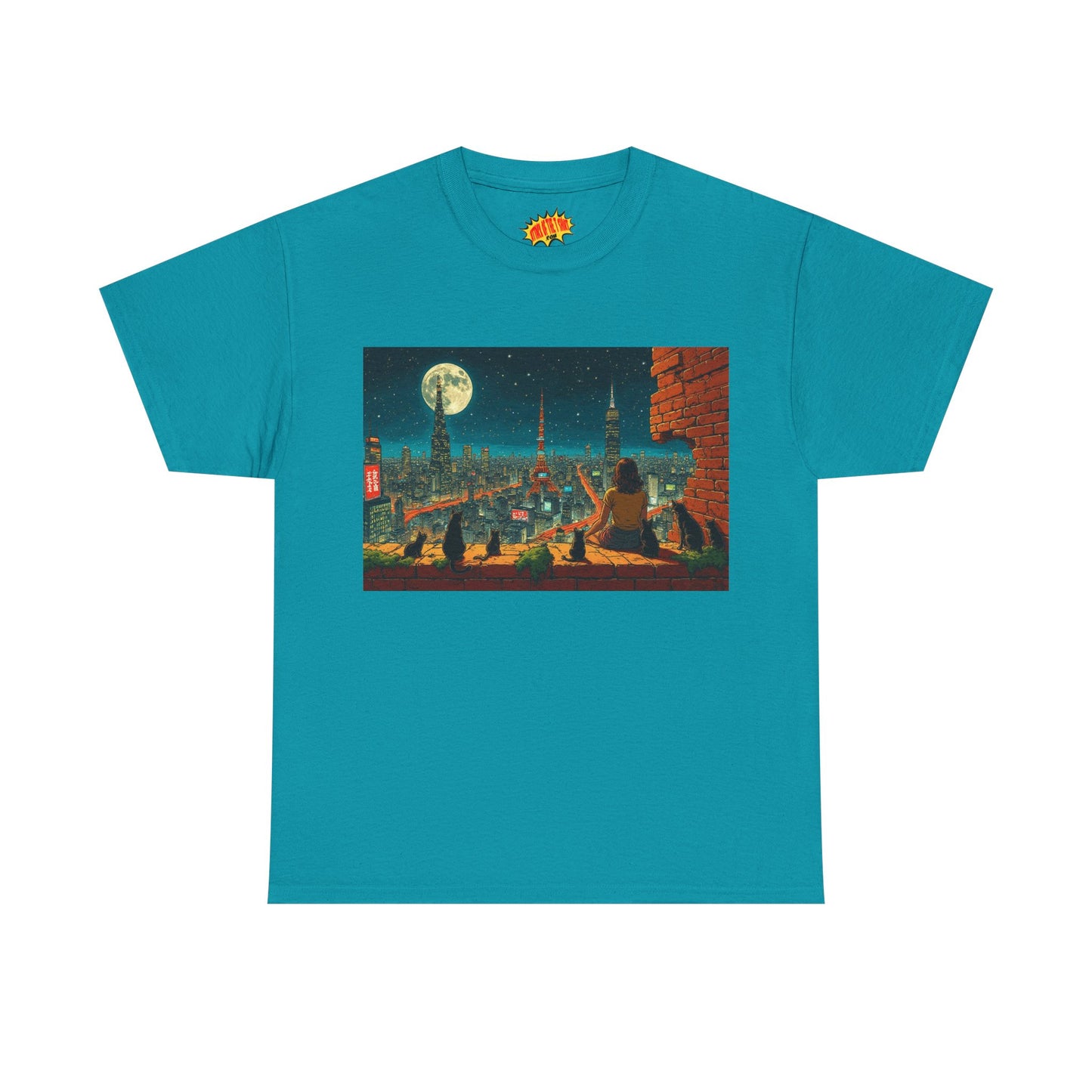 Anime Cityscape Full Moon Scene w/Girl & Cats T-Shirt *Multiple Colors*
