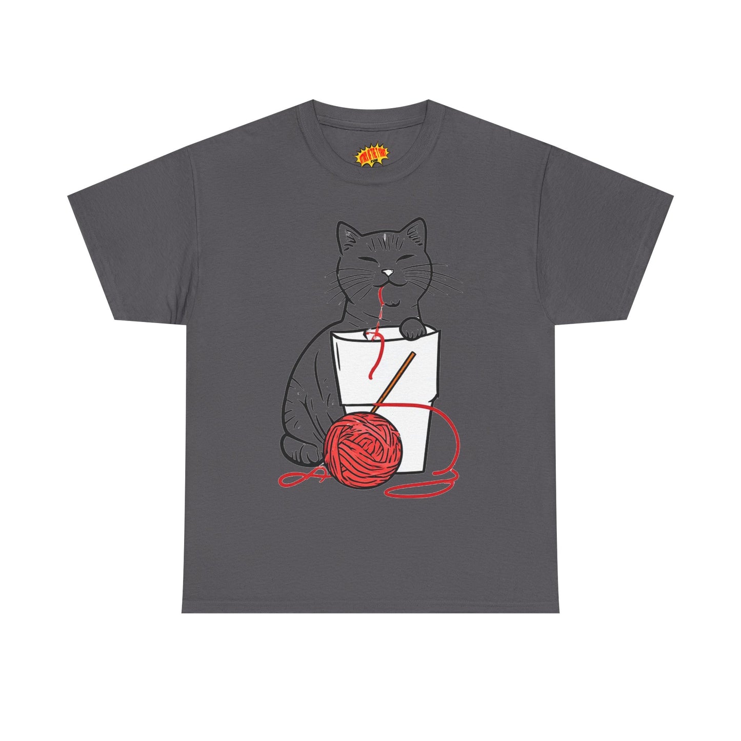 Cat w/Noodle Cup + Yarn Ball Art Drawing Tee Shirt *Multiple Colors*