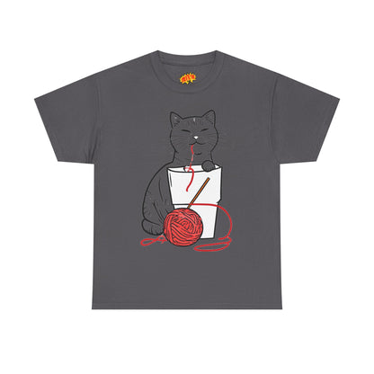 Cat w/Noodle Cup + Yarn Ball Art Drawing Tee Shirt