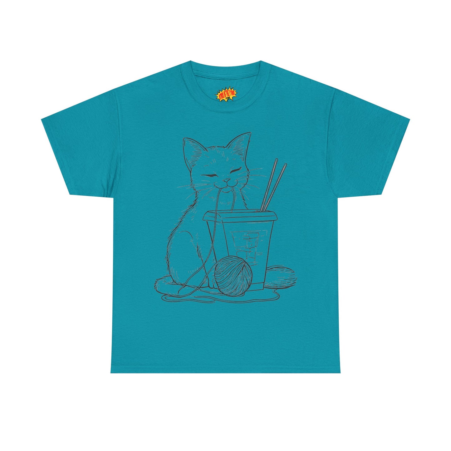 Cat w/Takeout + Yarn Ball Line Drawing Tee Shirt *Multiple Colors*