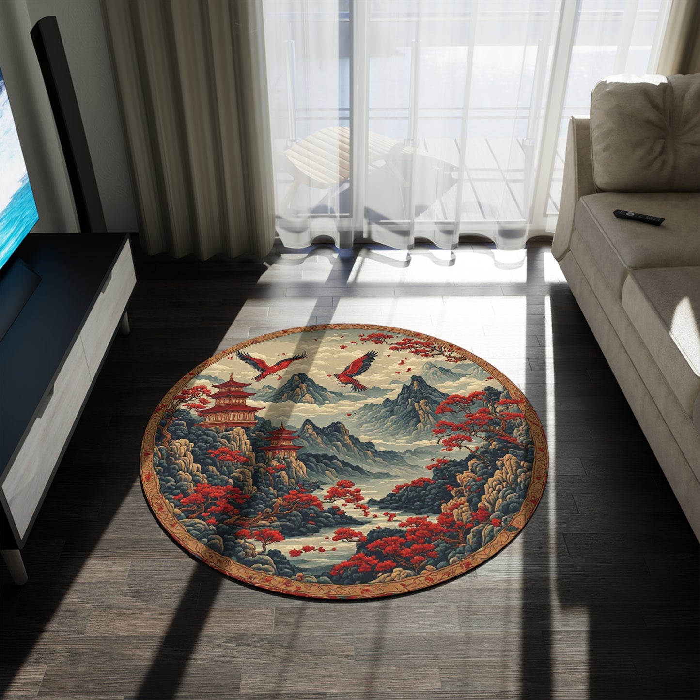 Oriental Style Rug w/Birds + Flowers - 60in Diameter Round Carpet 7
