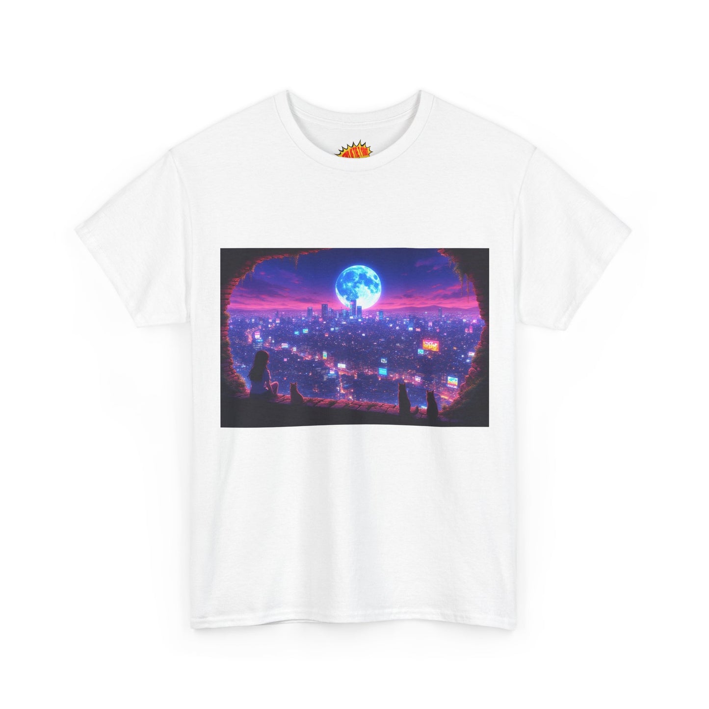 Neon Anime Cityscape Full Moon Scene w/Girl & Cats T-Shirt *Multiple Colors*