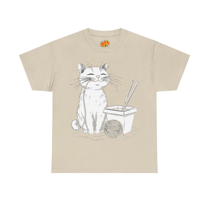 Happy Cat w/Noodles + Yarn Ball Art Drawing Tee Shirt