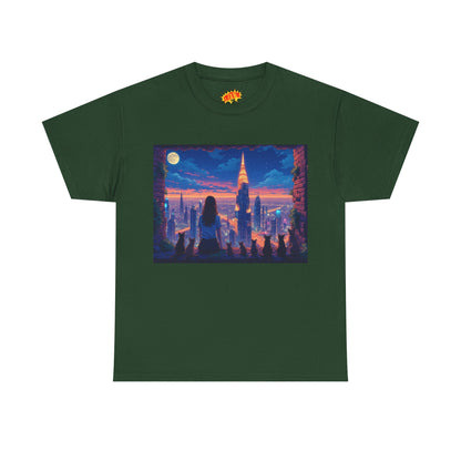 Anime Neon City Full Moon Scene w/Girl & Cats T-Shirt