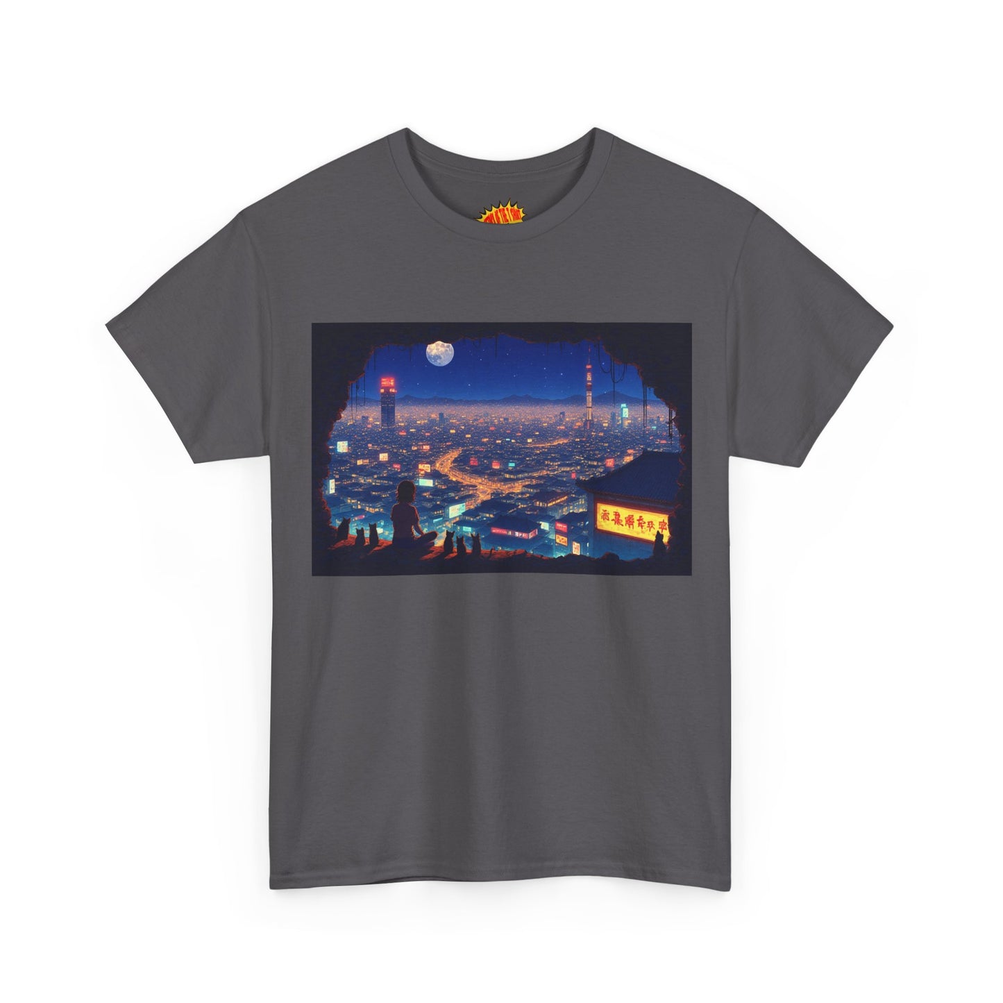 Anime Neon Cityscape Scene w/Girl & Cats T-Shirt *Multiple Colors*