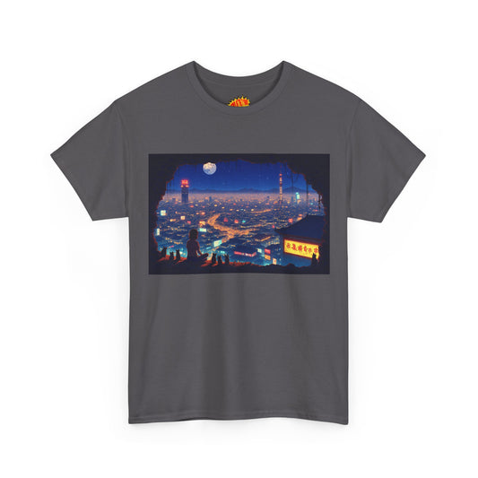 Anime Neon Cityscape Scene w/Girl & Cats T-Shirt *Multiple Colors*