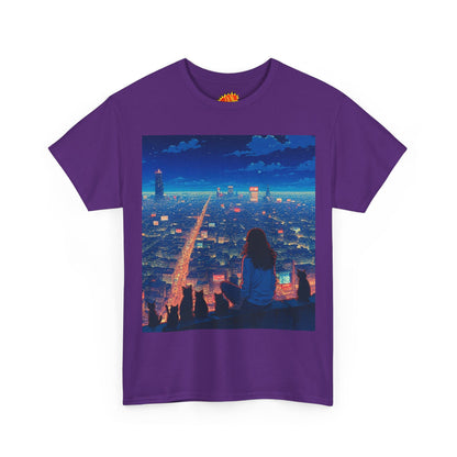 Anime Cityscape Night Sky Scene w/Girl & Cats T-Shirt
