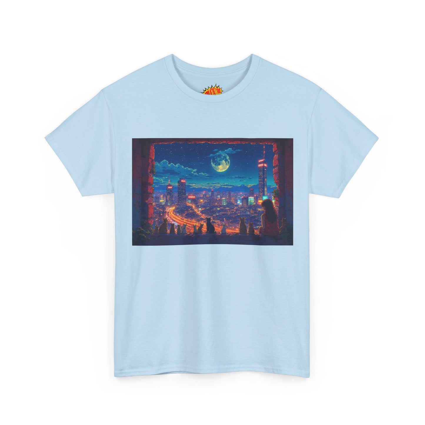 Anime Cityscape Night Scene w/Girl & Cats T-Shirt *Multiple Colors*