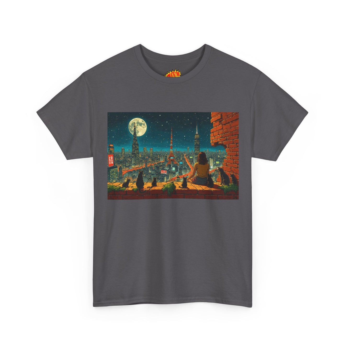 Anime Cityscape Full Moon Scene w/Girl & Cats T-Shirt *Multiple Colors*